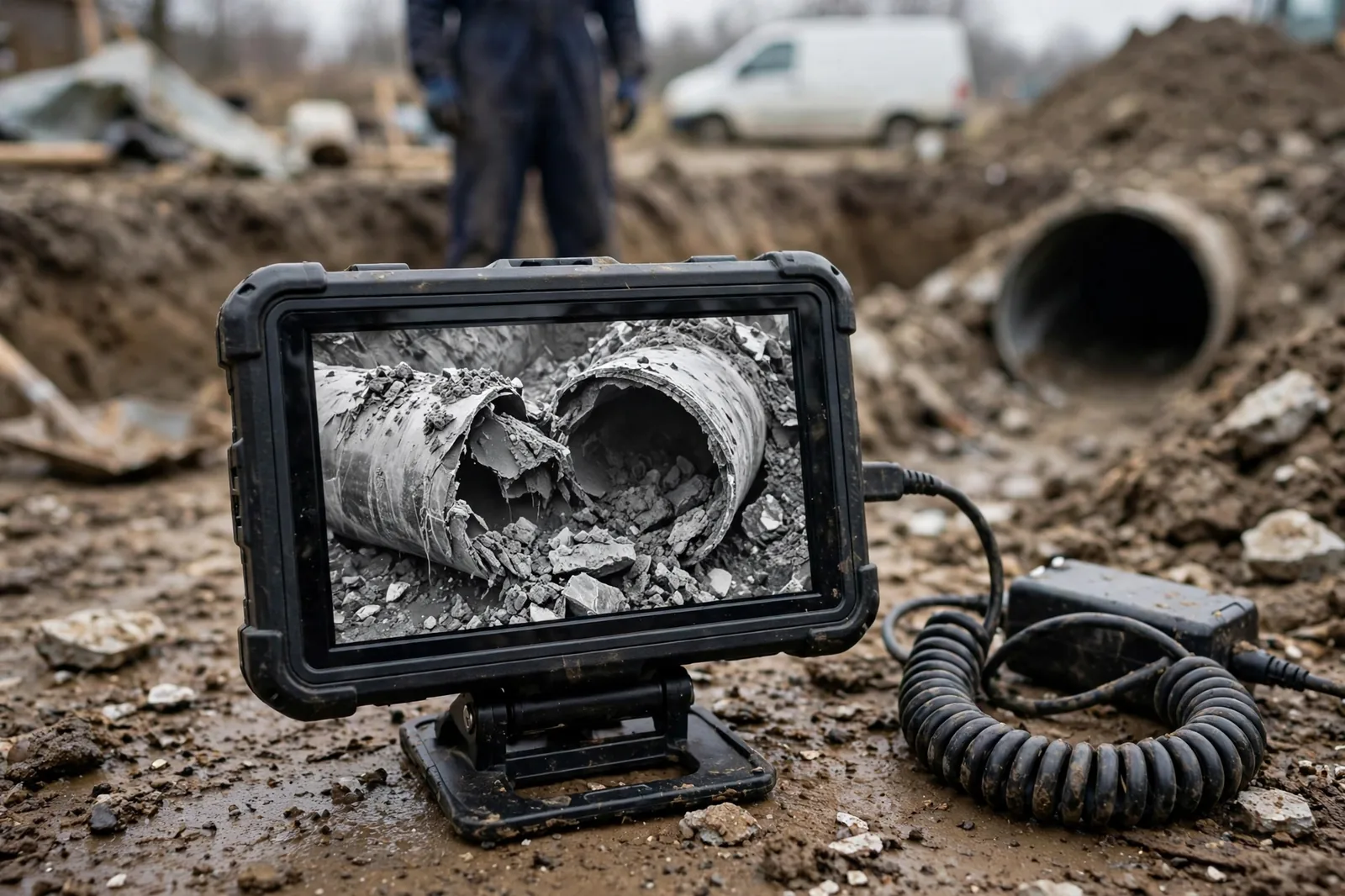 Camera finding the cause: monitor showing a collapsed pipe section