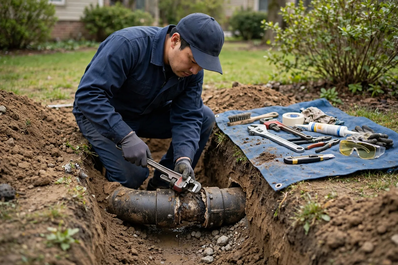 Technician repairing an exposed sewer pipe in a shallow Duluth front-yard trench