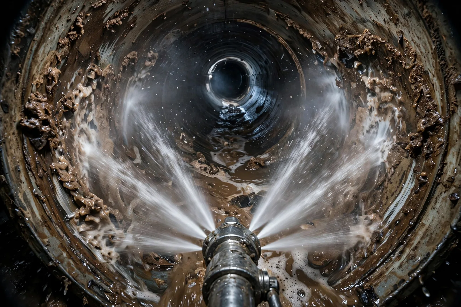 Full line jetting: high-pressure water scouring the pipe walls, camera view