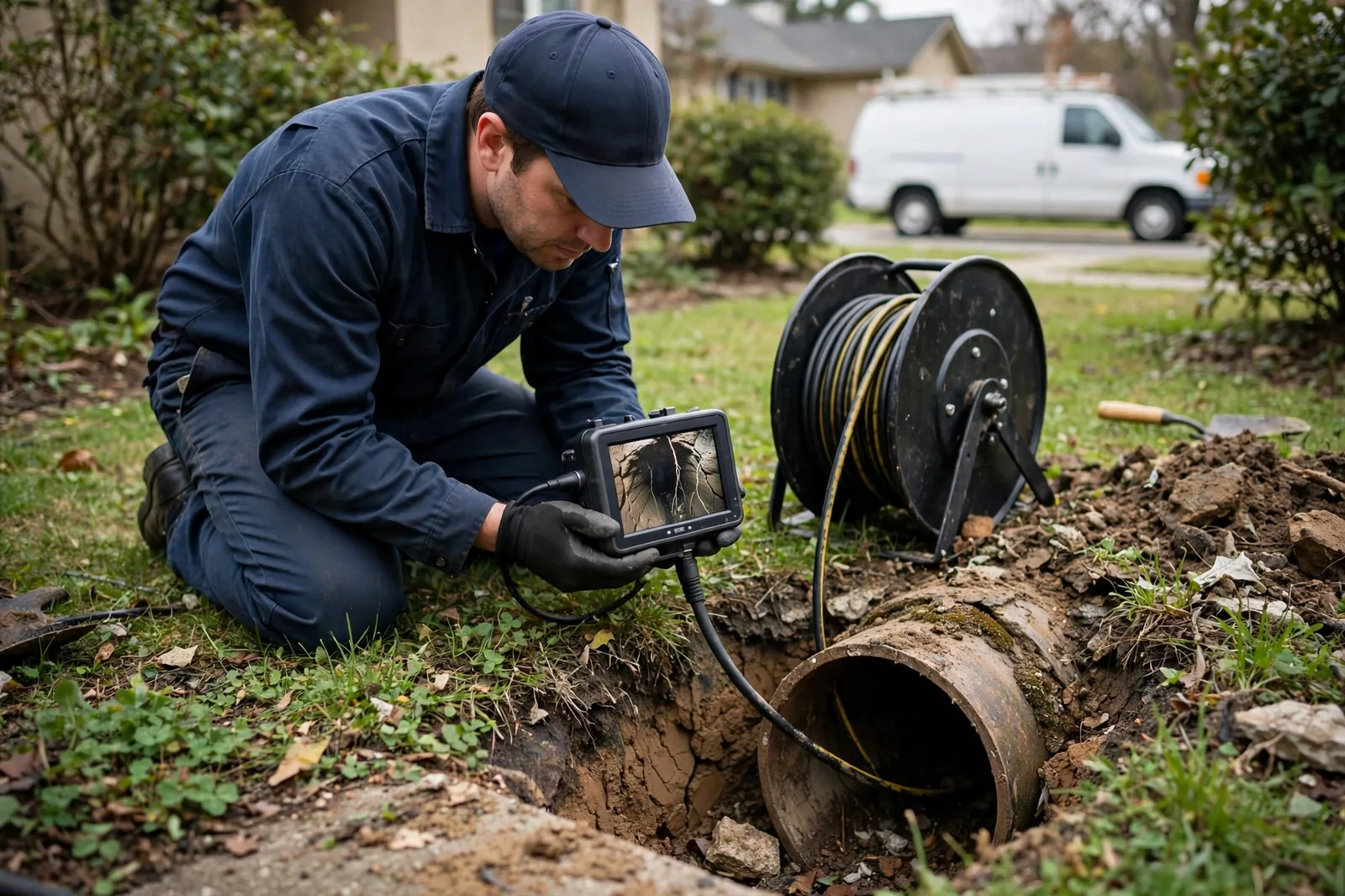 Survey of the old line with a sewer camera at a front-yard cleanout