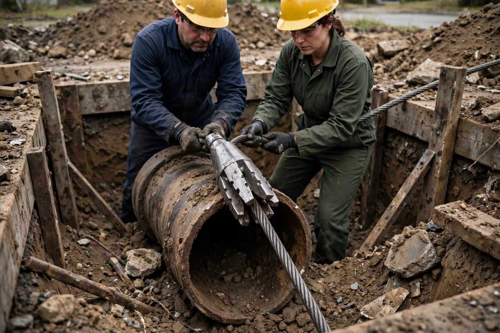 Steel cable and bursting head threaded into the old pipe at the access pit