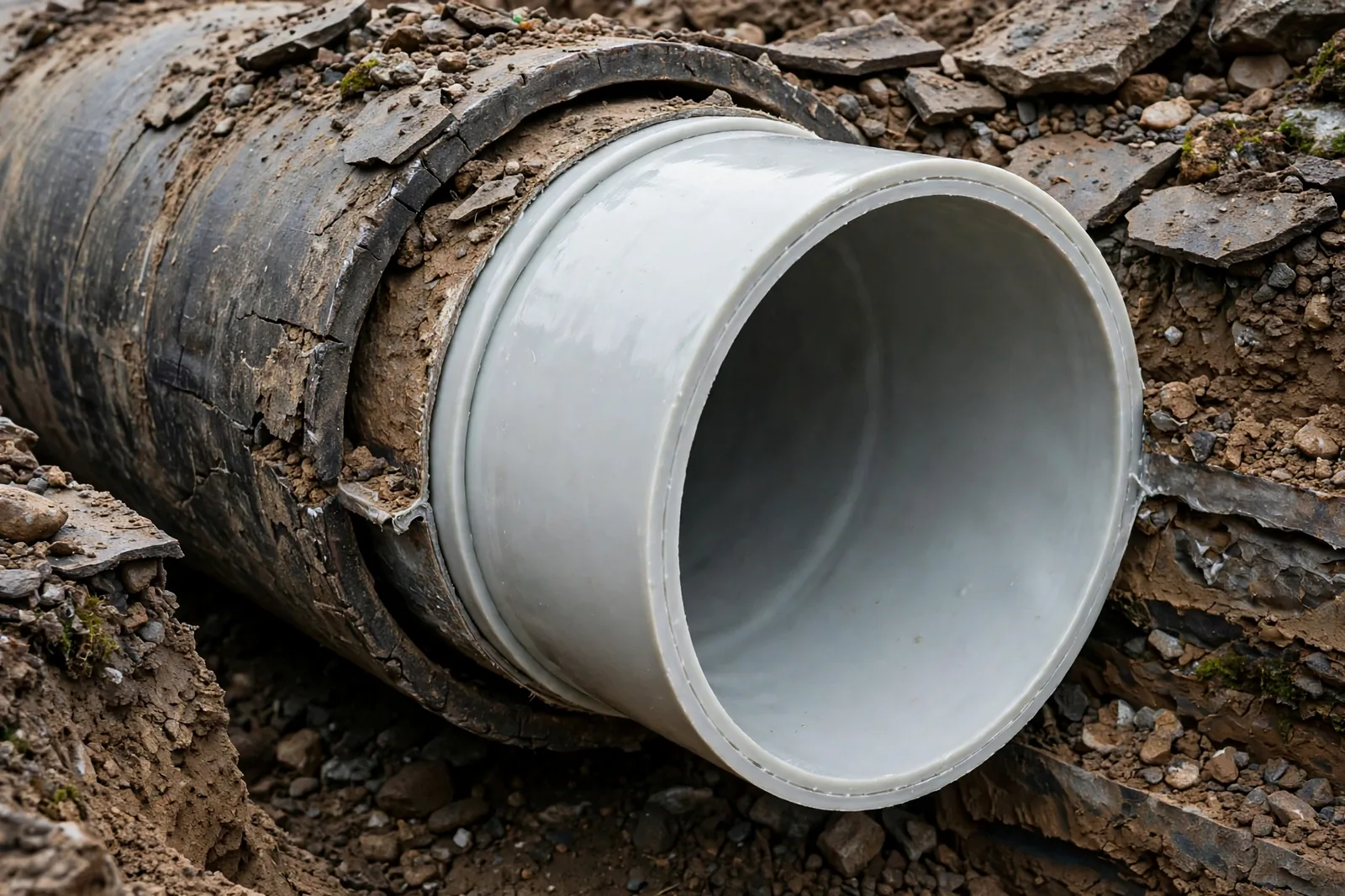 Liner placed and curing inside the pipe, smooth new wall forming