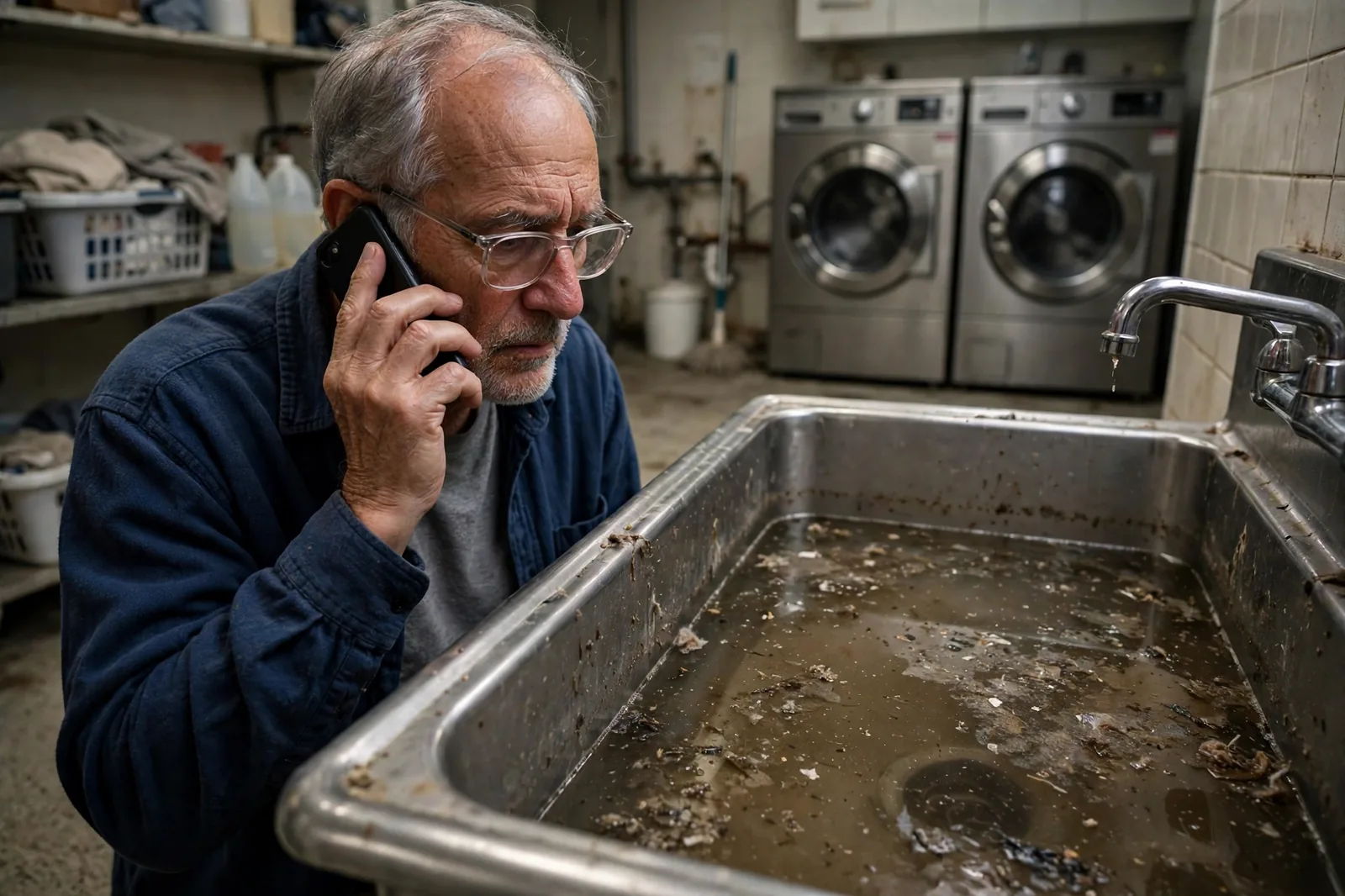 Older man on the phone in a laundry room beside a backed-up utility sink