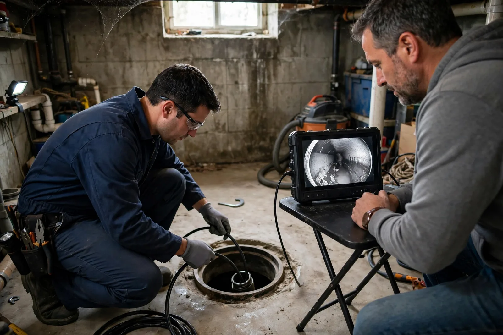 Technician feeding a sewer camera into a basement cleanout, homeowner watching the monitor