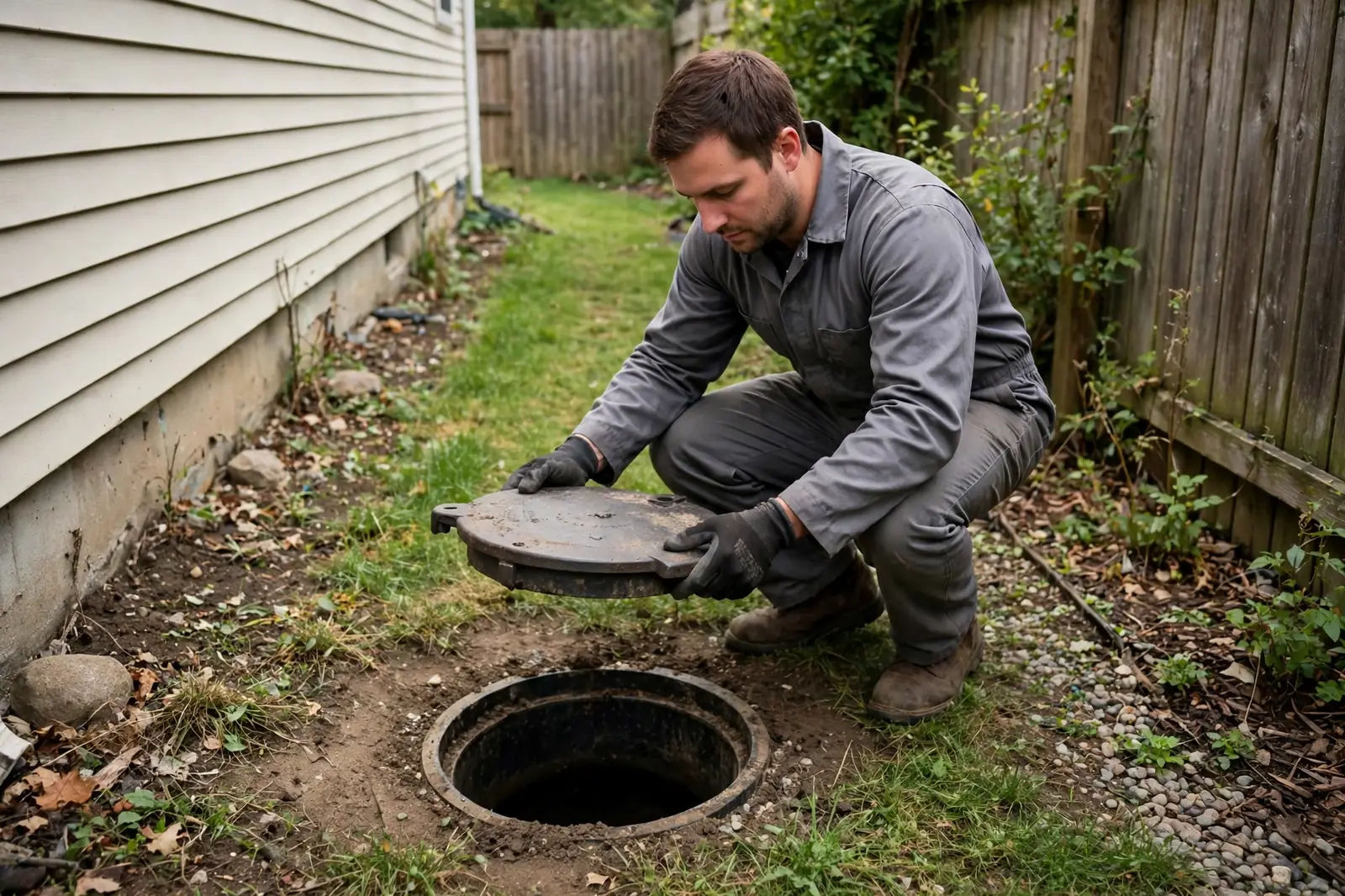 Technician lifting a cleanout cap in a side yard to find the access point