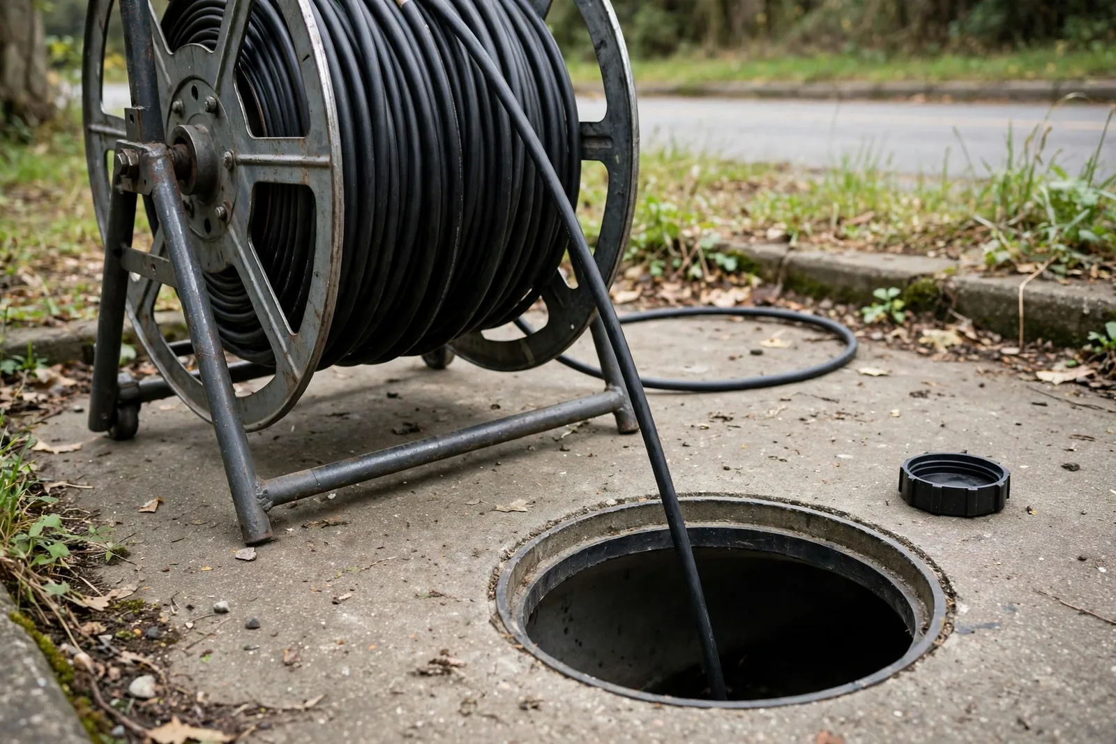 Camera cable unspooling from the reel into the open cleanout