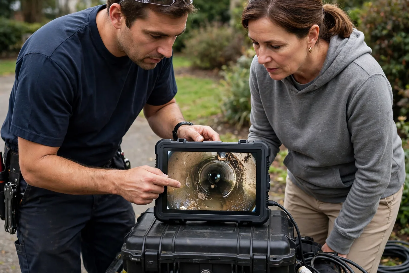 Technician and homeowner reviewing the inspection footage together outdoors