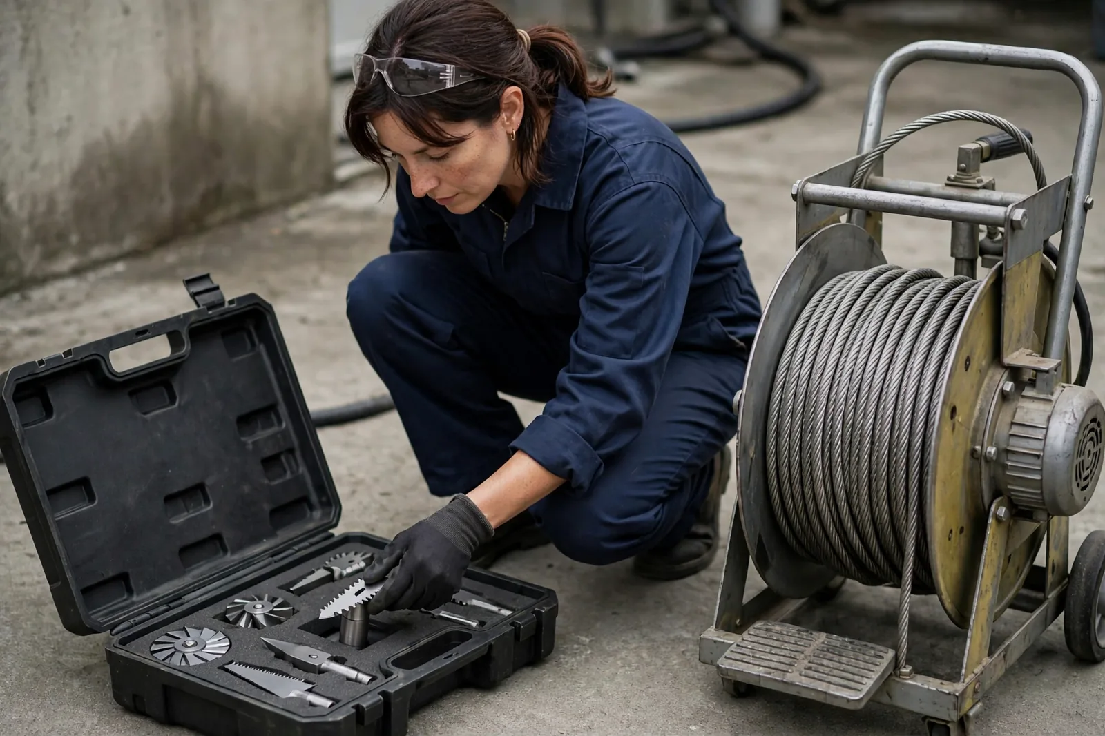 Technician choosing the cable and cutter head for the cleaning