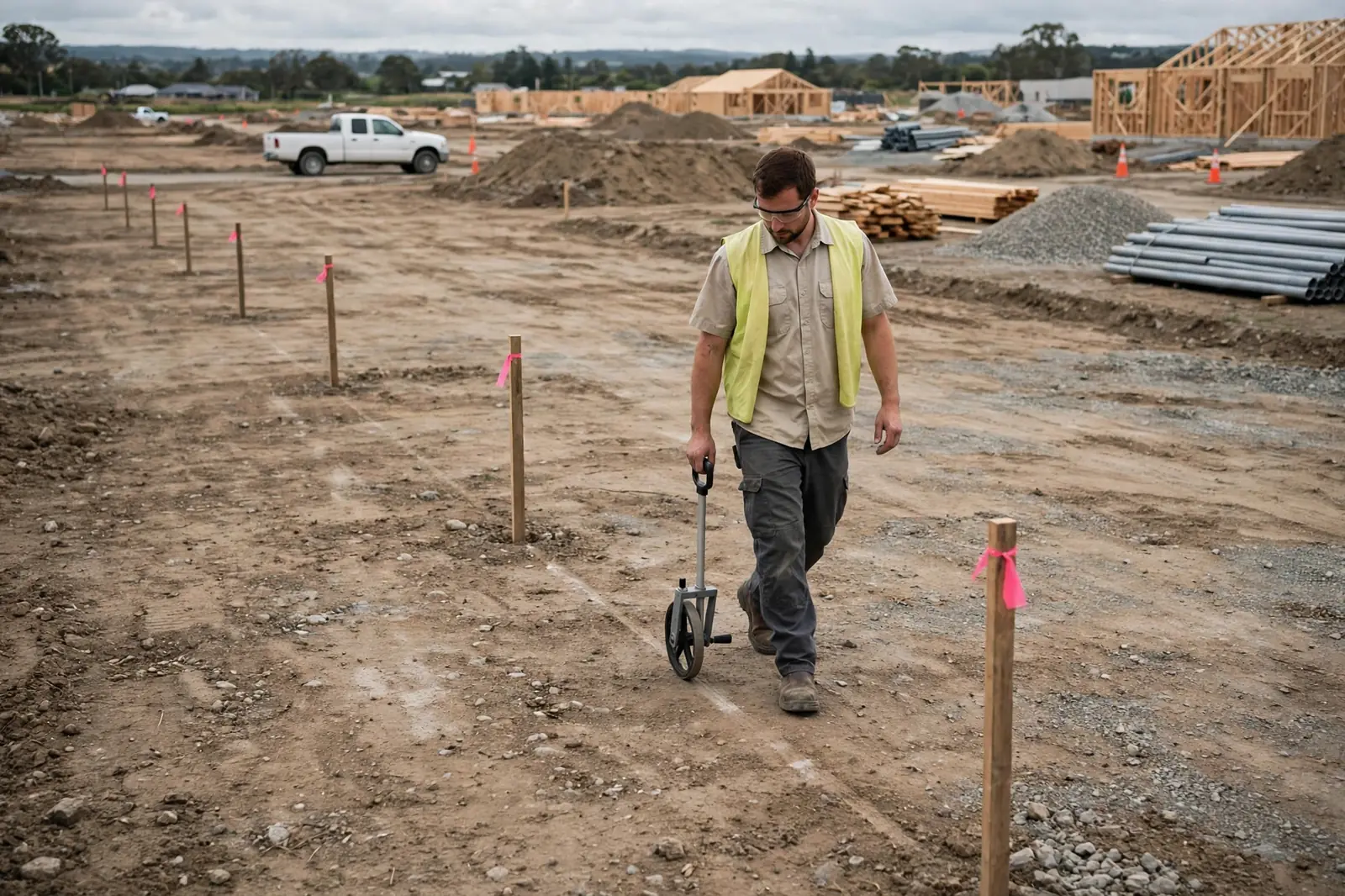 Technician walking and planning the route on a new-build lot with a measuring wheel