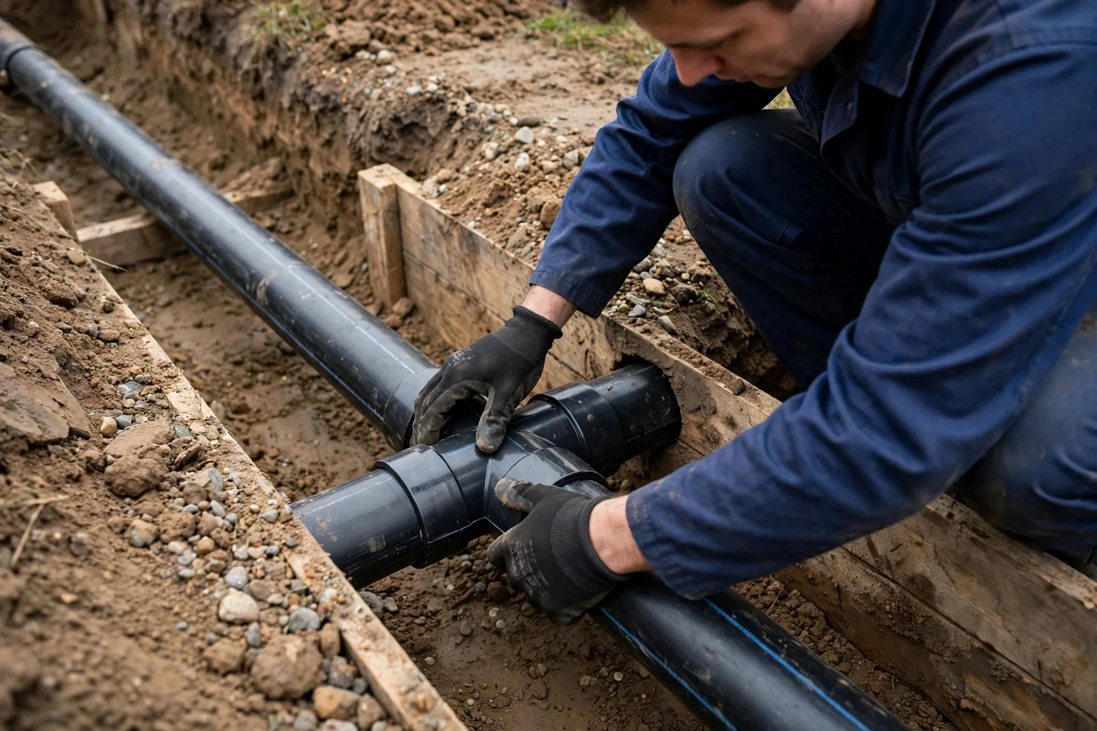 Technician fitting a new pipe section into the open trench
