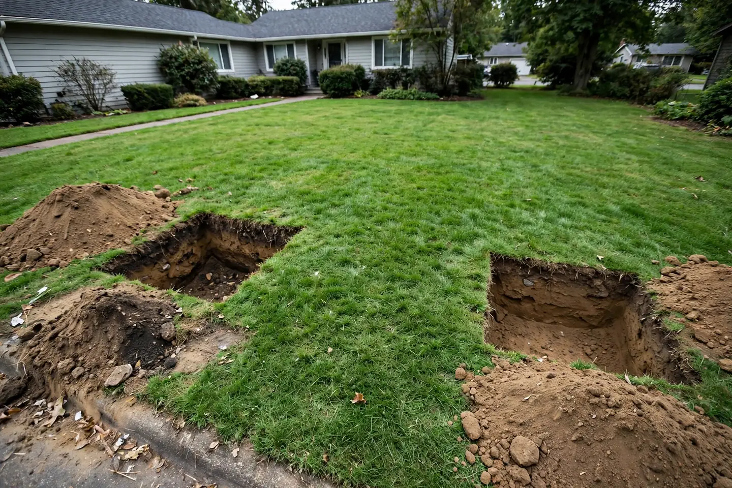 Two small access pits at either end of a front yard, lawn left intact between them